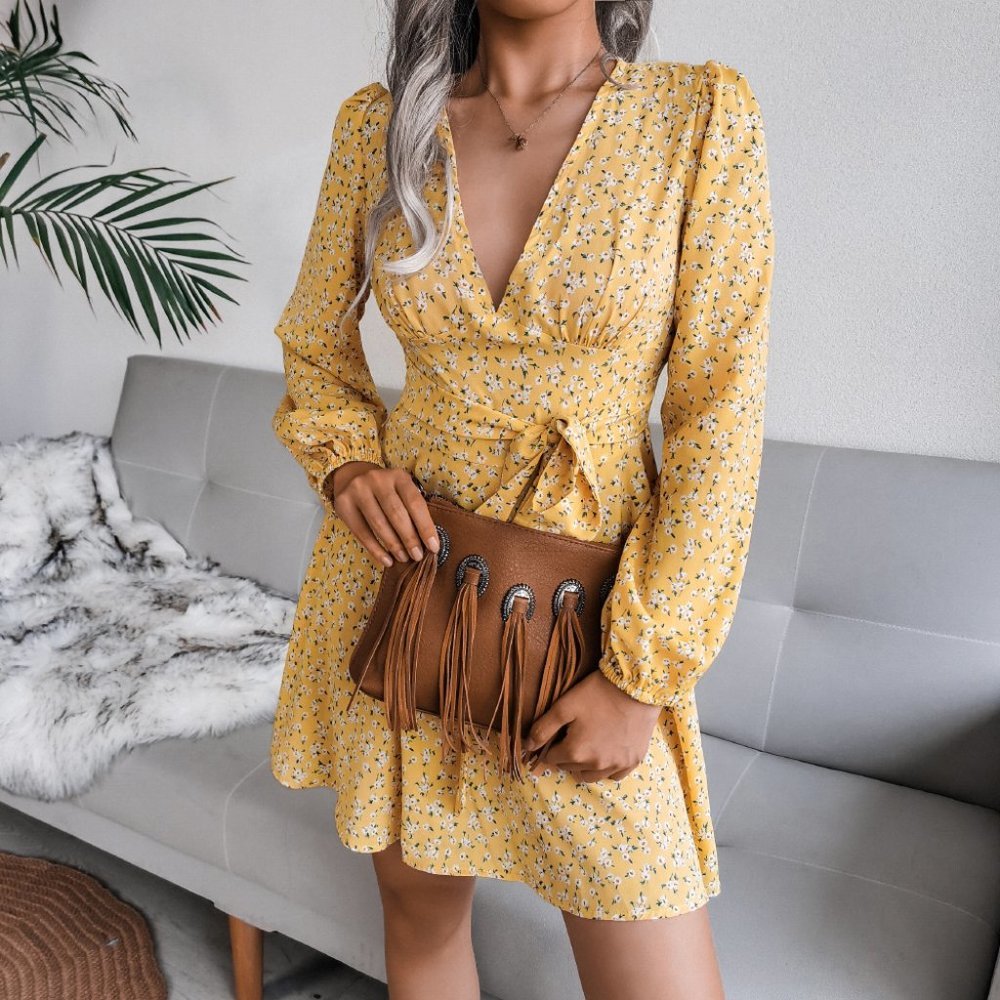 Ditsy Yellow Floral Tie Waist Long Sleeve V-Neck Mini Dress NWT